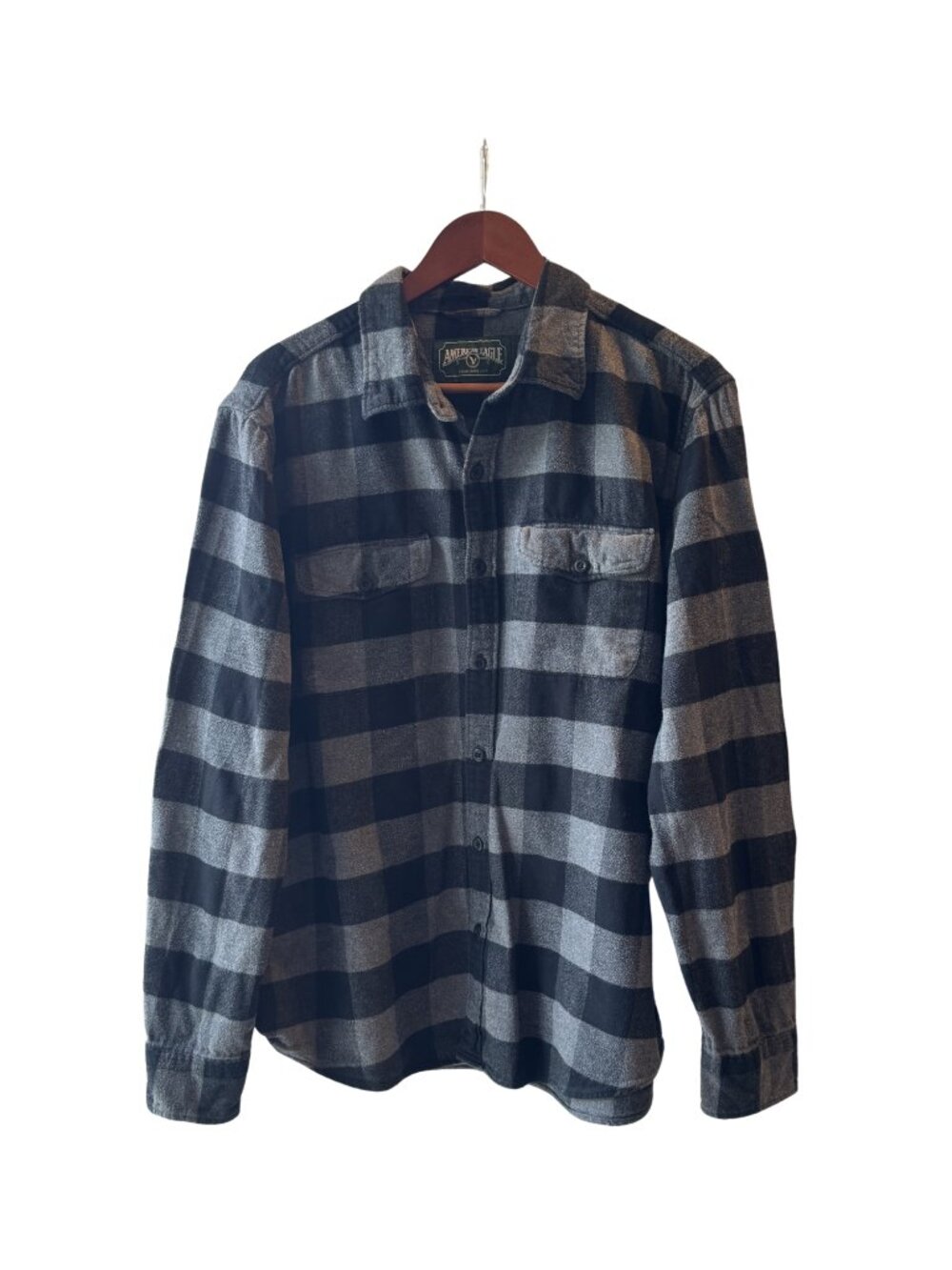 American Eagle Men's Black & Gray Button Down - Size XL